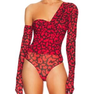 MICHAEL COSTELLO X REVOLVE “NOBU” GLOVED ONE SLEEVE BODYSUIT, SZ S RED LEOPARD